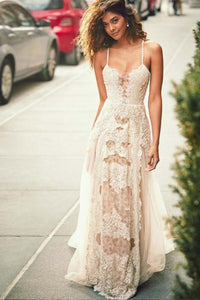 A-Line Spaghetti Straps Bohemian Beach Wedding Dress with Lace Appliques OHD021 | Cathyprom