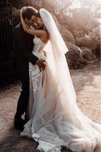 Modest Sweetheart Court Train Sleeveless Tulle Wedding Dress with Appliques OHD118 | Cathyprom