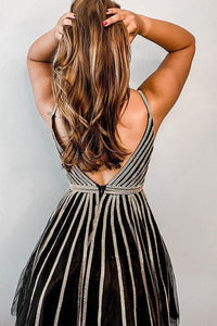 A Line Spaghetti Straps Black Short Homecoming Dresses Beading OHM077 | Cathyprom
