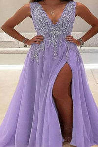 Beautiful A Line V Neck Sleeveless Sweep Train Tulle Prom Dresses with Rhinestones Slit OHC528