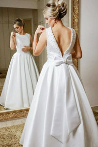 A-Line Round Neck Backless Floor-Length Wedding Dress with Beading Bowknot OHD029 | Cathyprom