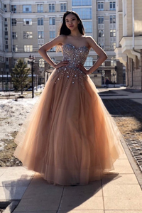 A Line Sweetheart Floor Length Tulle Beaded Long Prom/Evening Dress OHC177 | Cathyprom