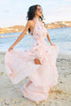 A-Line Halter Backless Pink Chiffon Wedding Dress with Appliques Ruffles OHD041 | Cathyprom