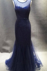Mermaid Jewel Open Back Sweep Train Navy Blue Prom Dress with Beading P74 | Cathyprom