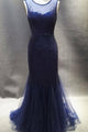 Mermaid Jewel Open Back Sweep Train Navy Blue Prom Dress with Beading P74 | Cathyprom