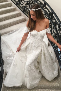 A-Line Off-the-Shoulder Sweep Train White Wedding Dress with Appliques OHD003 | Cathyprom