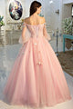 Pink Flowers Puffy Sleeves Tulle Ball Gown Long Prom Dress FP7851