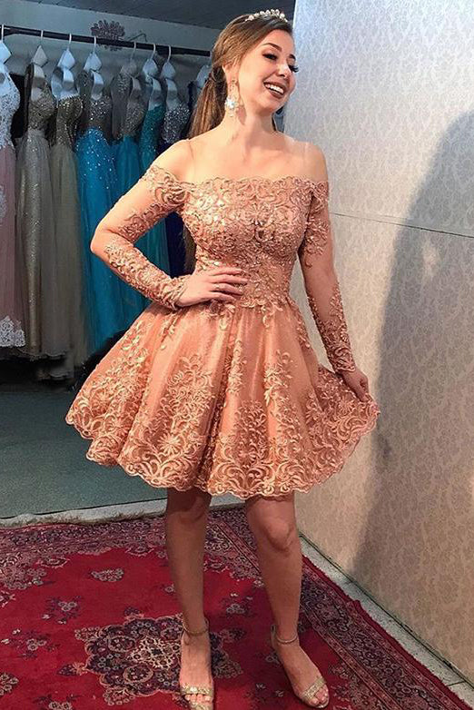 A Line Off the Shoulder Long Sleeves Homecoming Dresses with Appliques cathyprom A Line Off the Shoulder Long Sleeves Homecoming Dresses with Appliques cathyprom