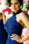 Mermaid Round Neck Sweep Train Dark Blue Bridesmaid Dress with Appliques Beading OHS004 | Cathyprom