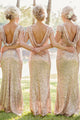 Mermaid Bateau Backless Cap Sleeves Gold Sequined Bridesmaid Dress OHS005 | Cathyprom