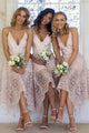 A-Line Spaghetti Straps Sleeveless Asymmetry Pink Lace Bridesmaid Dress OHS008 | Cathyprom