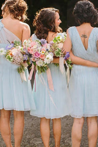 A-Line V-Neck Knee-Length Light Blue Bridesmaid Dress with Lace Pleats OHS015 | Cathyprom