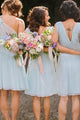 A-Line V-Neck Knee-Length Light Blue Bridesmaid Dress with Lace Pleats OHS015 | Cathyprom