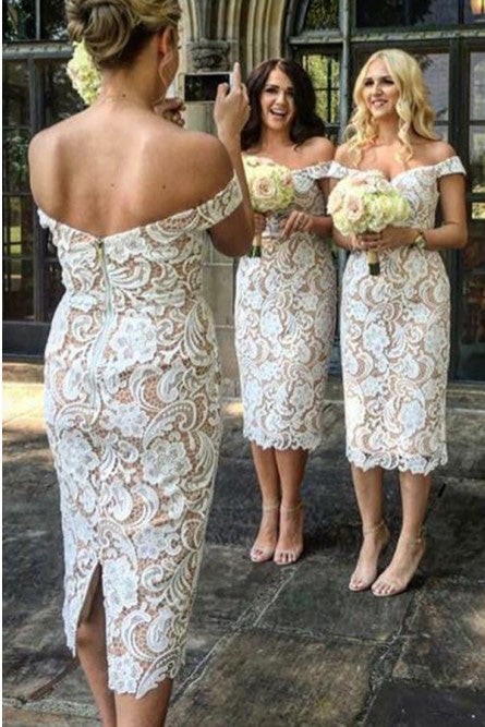 Sheath Off-the-Shoulder Tea Length White Lace Bridesmaid Dress OHS016 cathyprom Sheath Off-the-Shoulder Tea Length White Lace Bridesmaid Dress OHS016 cathyprom