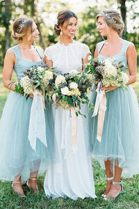 A-Line Square High Low Light Blue Bridesmaid Dress with Beading OHS017 | Cathyprom