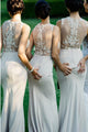 Mermaid Round Neck Sweep Train Ivory Bridesmaid Dress with Appliques OHS018 | Cathyprom