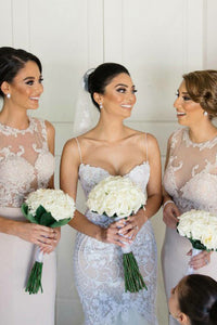 Mermaid Round Neck Sweep Train Ivory Bridesmaid Dress with Appliques OHS018 | Cathyprom