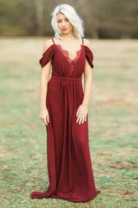 A-Line Spaghetti Straps Floor-Length Dark Red Chiffon Bridesmaid Dress with Lace OHS009 | Cathyprom