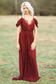 A-Line Spaghetti Straps Floor-Length Dark Red Chiffon Bridesmaid Dress with Lace OHS009 | Cathyprom