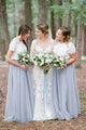 A-Line Crew Short Sleeves Floor-Length Grey Bridesmaid Dress with Lace OHS049 | Cathyprom