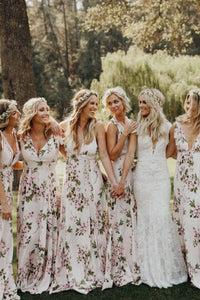 A-Line V-Neck Floor-Length Pink Floral Chiffon Bridesmaid Dress OHS010 | Cathyprom