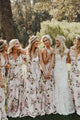 A-Line V-Neck Floor-Length Pink Floral Chiffon Bridesmaid Dress OHS010 | Cathyprom