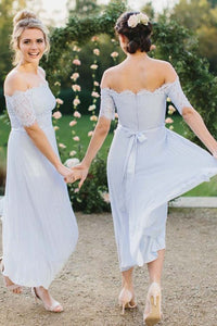 A-Line Off-the-Shoulder Pleated Chiffon Bridesmaid Dress with Lace OHS050 | Cathyprom