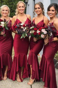 Mermaid Spaghetti Straps Cold Shoulder Hi-Low Bridesmaid Dress with Ruffles OHS054 | Cathyprom