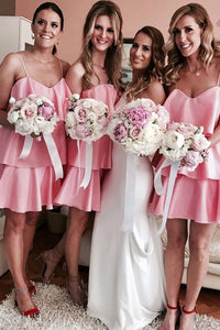 A-Line Spaghetti Straps Short Pink Tiered Bridesmaid Dress OHS056 | Cathyprom