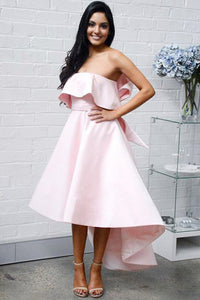A-Line Strapless Hi-Low Pink Bridesmaid Dress with Bowknot Ruffles OHS057 | Cathyprom