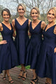 A-Line V-Neck High Low Royal Blue Satin Bridesmaid Dress with Pockets OHS007 | Cathyprom