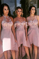 A-Line Off-the-Shoulder High Low Blush Bridesmaid Dress with Appliques OHS027 | Cathyprom
