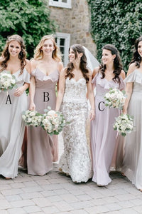 Simple A-Line Spaghetti Straps Cold Shoulder Floor-Length Light Grey Bridesmaid Dress with Ruffles OHS131