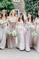 Simple A-Line Spaghetti Straps Cold Shoulder Floor-Length Light Grey Bridesmaid Dress with Ruffles OHS131