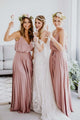 A-Line Spaghetti Straps Floor-Length Long Blush Chiffon Bridesmaid Dress with Pleats Sash OHS136