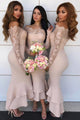 Mermaid Off-the-Shoulder Long Sleeves Hi-Low Bridesmaid Dress with Lace OHS068 | Cathyprom
