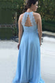 A-Line Round Neck Open Back Light Blue Bridesmaid Dress with Ruched OHS032 | Cathyprom