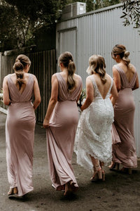 Sheath V-Neck Sleeveless Floor-Length Blush Ruched Long Bridesmaid Dress OHS141