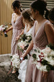 Sheath V-Neck Sleeveless Floor-Length Blush Ruched Long Bridesmaid Dress OHS141