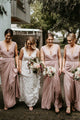 Sheath V-Neck Sleeveless Floor-Length Blush Ruched Long Bridesmaid Dress OHS141