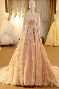 Chic A Line Scoop Sweep/Brush Train Sleeveless Long Tulle Bridal Gown Wedding Dresses with Appliques OHD170 | Cathyprom