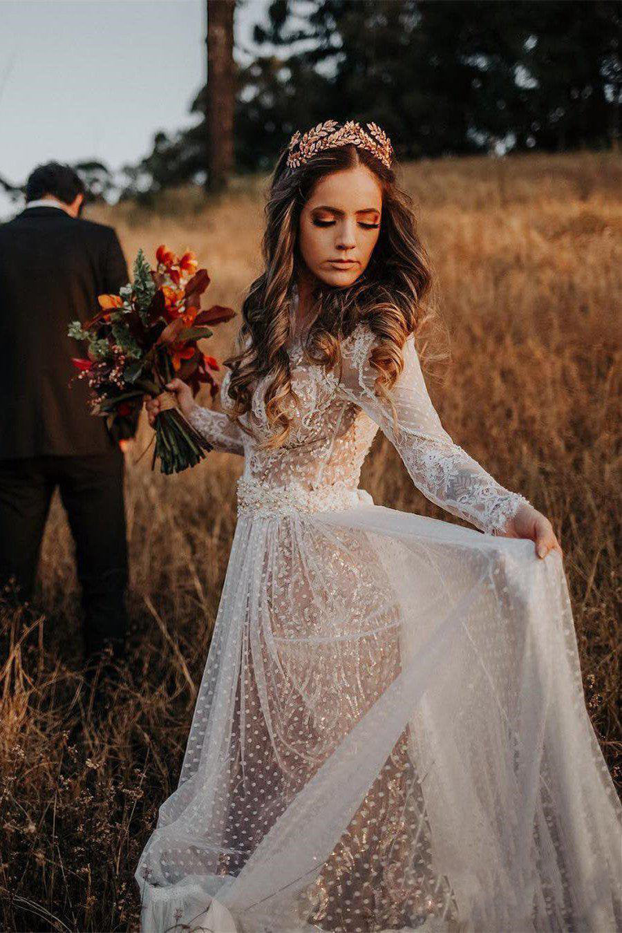 Long Sleeve Wedding Dresses V-neck Long Train Polka Dot Lace Open Back cathyprom Long Sleeve Wedding Dresses V-neck Long Train Polka Dot Lace Open Back cathyprom