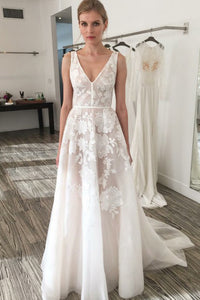 A-Line V-Neck Backless Sweep Train Ivory Wedding Dress with Embroidery OHD015 | Cathyprom
