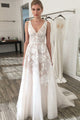 A-Line V-Neck Backless Sweep Train Ivory Wedding Dress with Embroidery OHD015 | Cathyprom