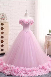 Ball Gown Off-the-shoulder Sweep Train Sleeveless Hand-Made Flower Long Tulle Bridal Gown Wedding Dresses OHD150 | Cathyprom