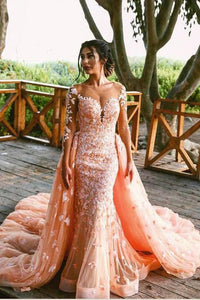 Sparkly Mermaid Scoop Sweep Train Appliques Long Sleeve Tulle Prom Dresses OHC210 | Cathyprom