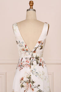 A-Line V-Neck Floor-Length Pink Floral Chiffon Bridesmaid Dress OHS010 | Cathyprom