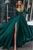 A-Line Deep V-Neck Long Sleeves Dark Green Sweep Train Prom Dress with Split LPD84 | Cathyprom