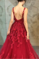 A Line Spaghetti Strap Burgundy Sleeveless Appliques Long Prom Dress OHC173 | Cathyprom