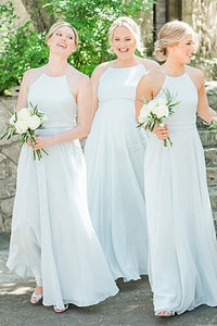 Popular A Line Round Neck Long Chiffon Light Blue Bridesmaid Dress with Ruched OHS149